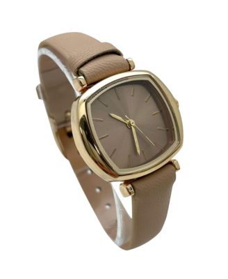 Solid Color Elegant Square Face Faux Leather Women Watch, Tan