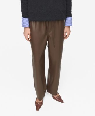 MANGO - Women's Leather-Effect Elastic Waist Pants