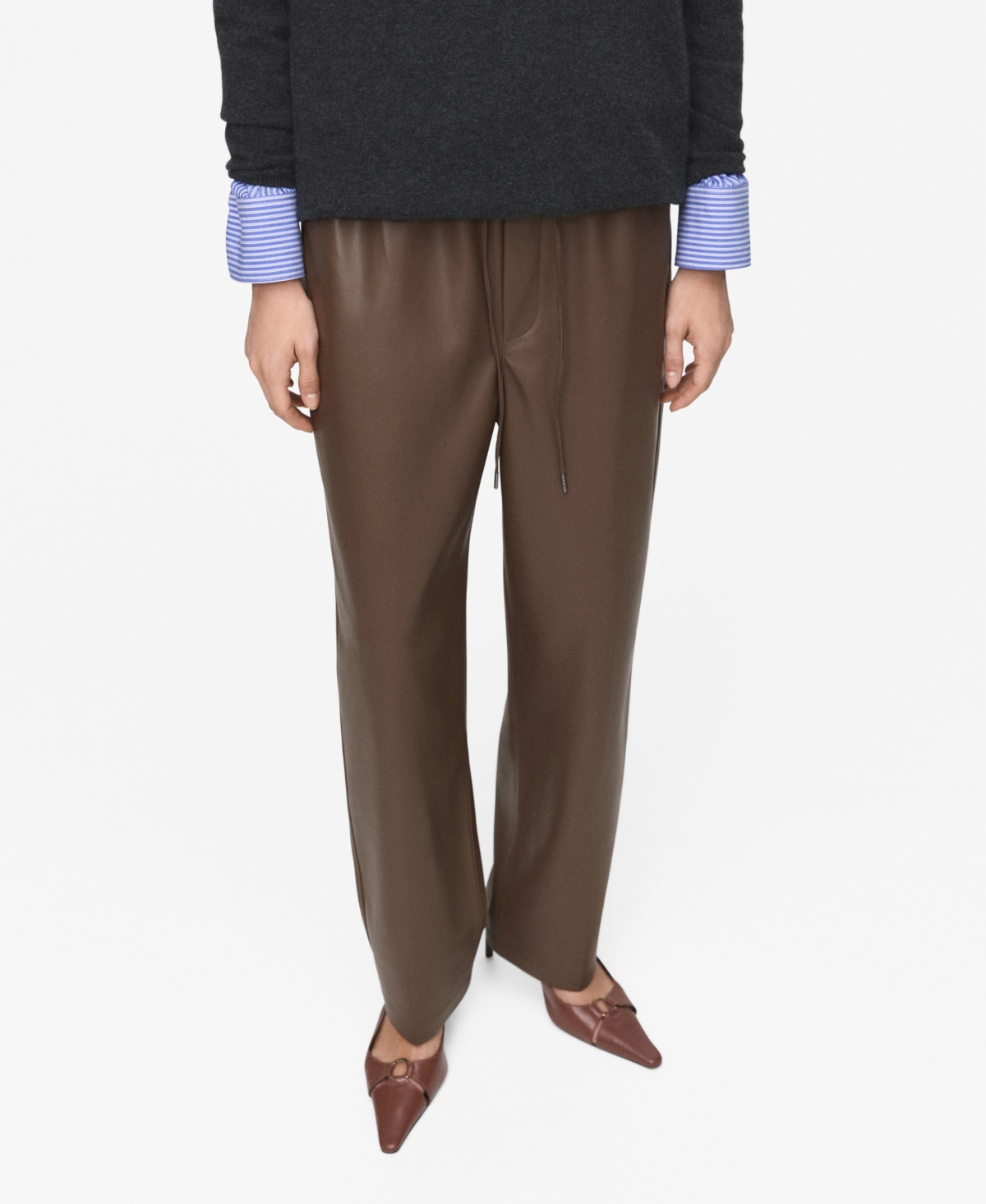 Mango Faux Leather Drawstring Pants In Brown