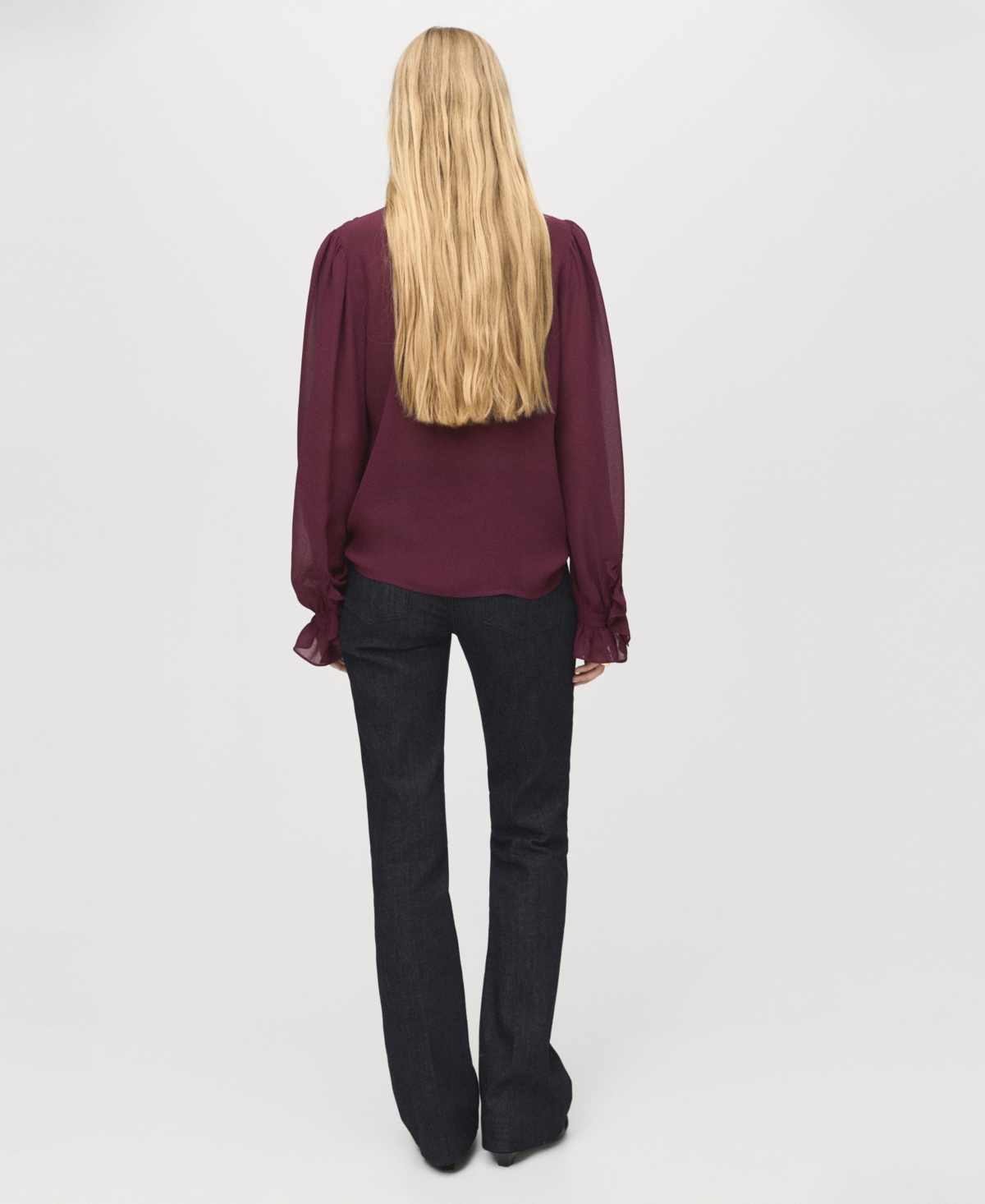 Mango Ruffle Front Button Top In Burgundy