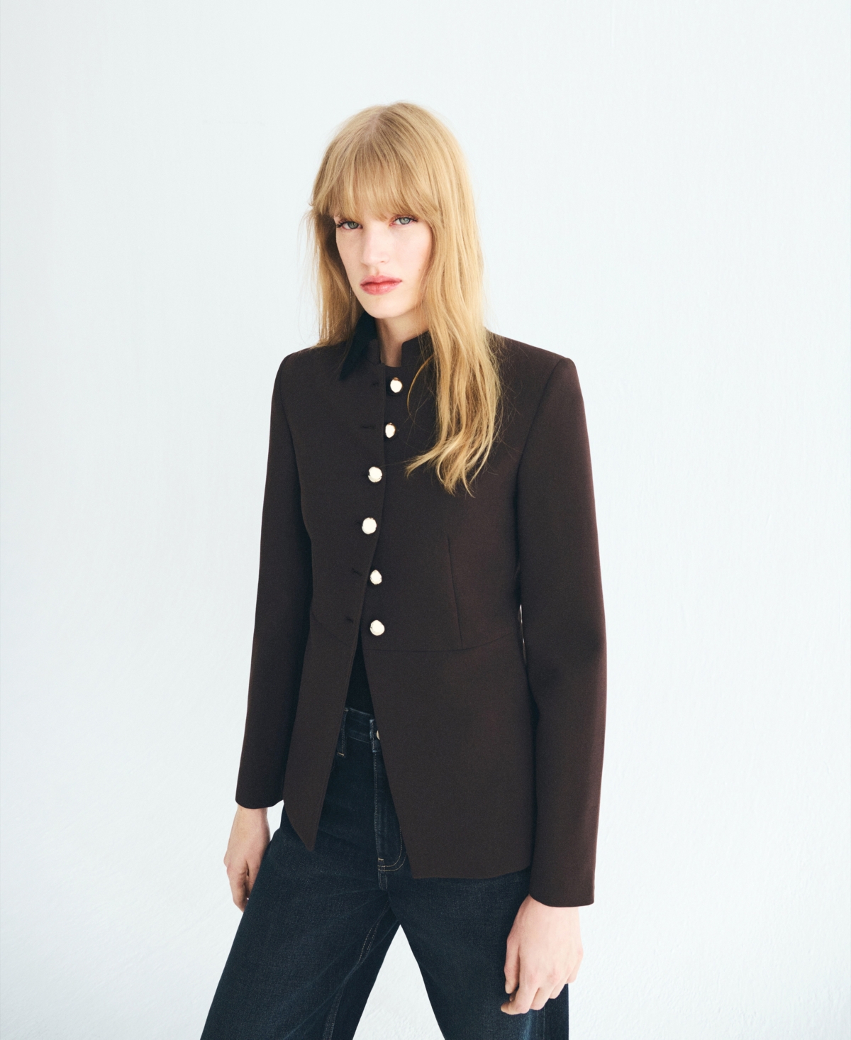 Mango Women's Jewel-button Strip Collar Jacket In Brown