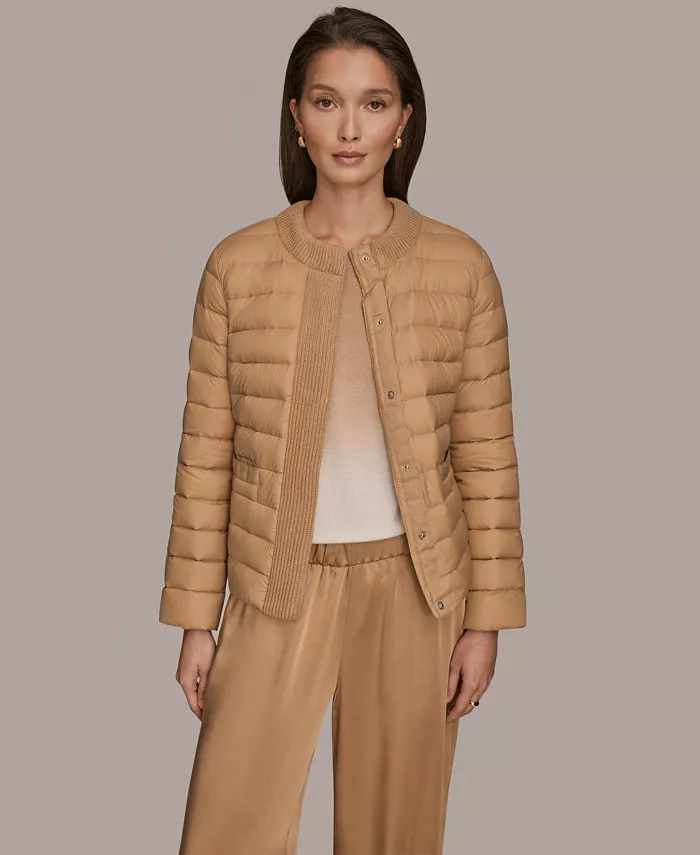 Women's Down Fill Packable Puffer Jacket with Sweater Trim Collar