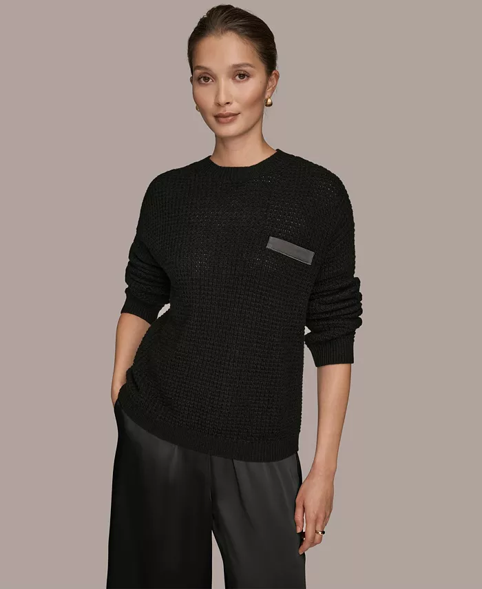 Women's Long-Sleeve Wool Cashmere Blend Waffle Stitch Sweater with Chest Pocket - thumbnail 8