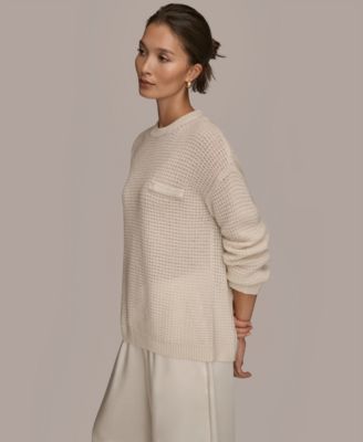 Women's Long-Sleeve Wool Cashmere Blend Waffle Stitch Sweater with Chest Pocket