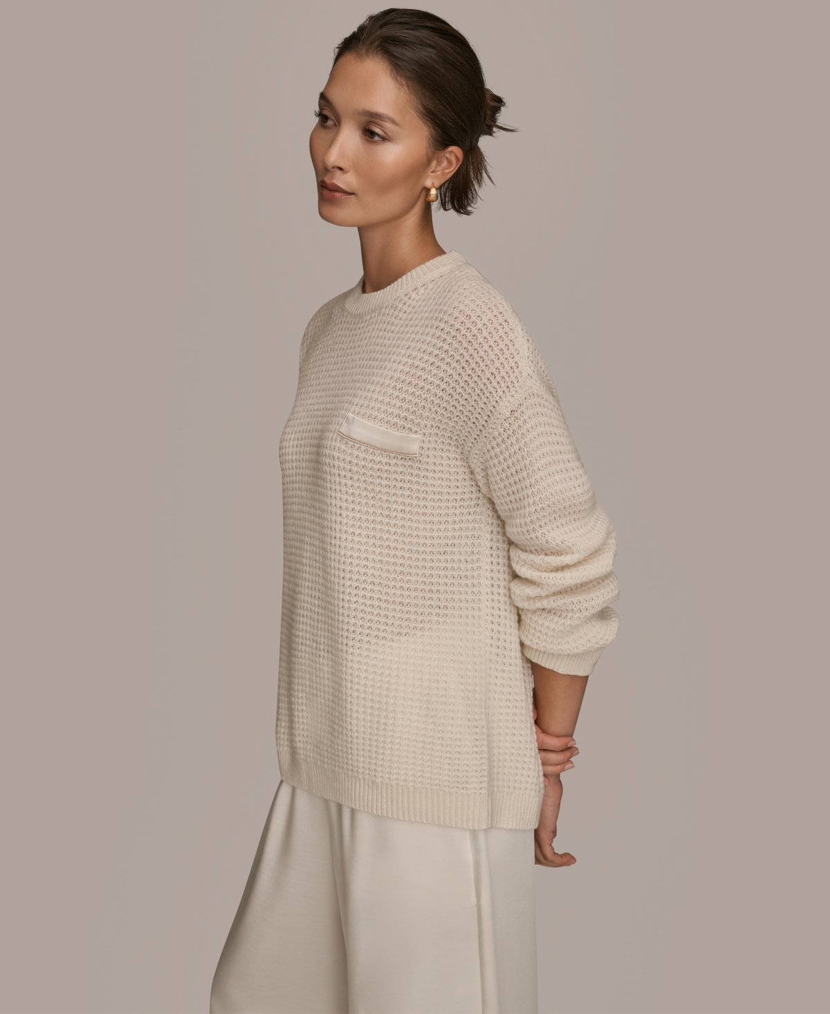 Donna Karan Weekend Women's Long Sleeve Waffle Stitch Sweater In Neutral