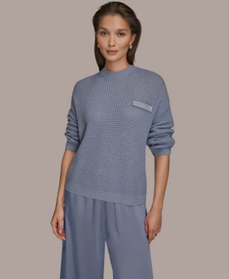 Women's Long-Sleeve Wool Cashmere Blend Waffle Stitch Sweater with Chest Pocket