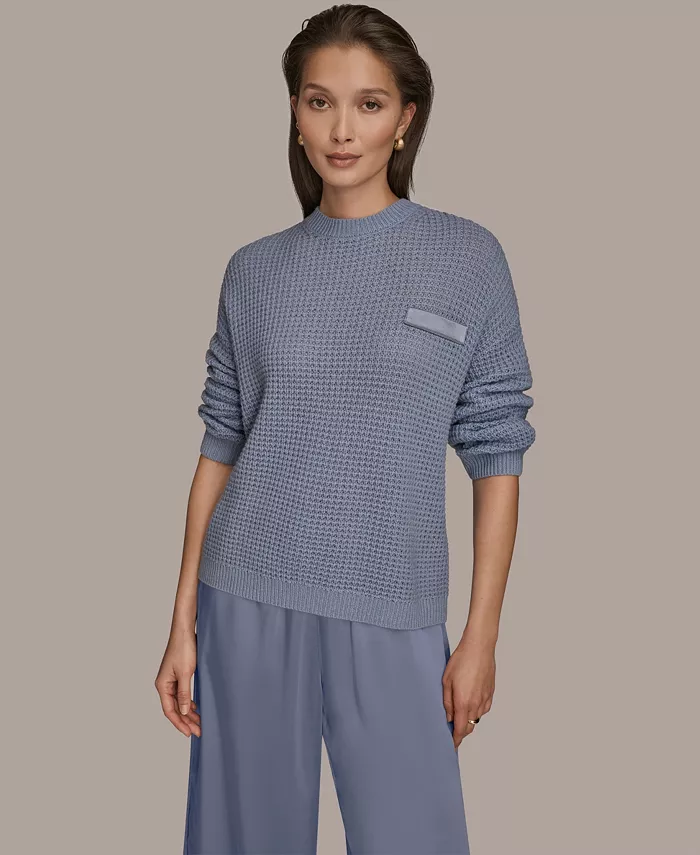 Women's Long-Sleeve Wool Cashmere Blend Waffle Stitch Sweater with Chest Pocket - thumbnail 2