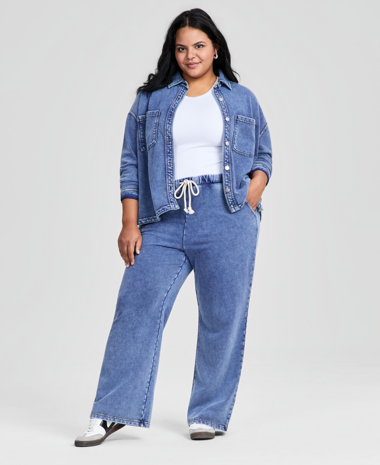 Petite Faux-Denim French Terry Wide-Leg Pants