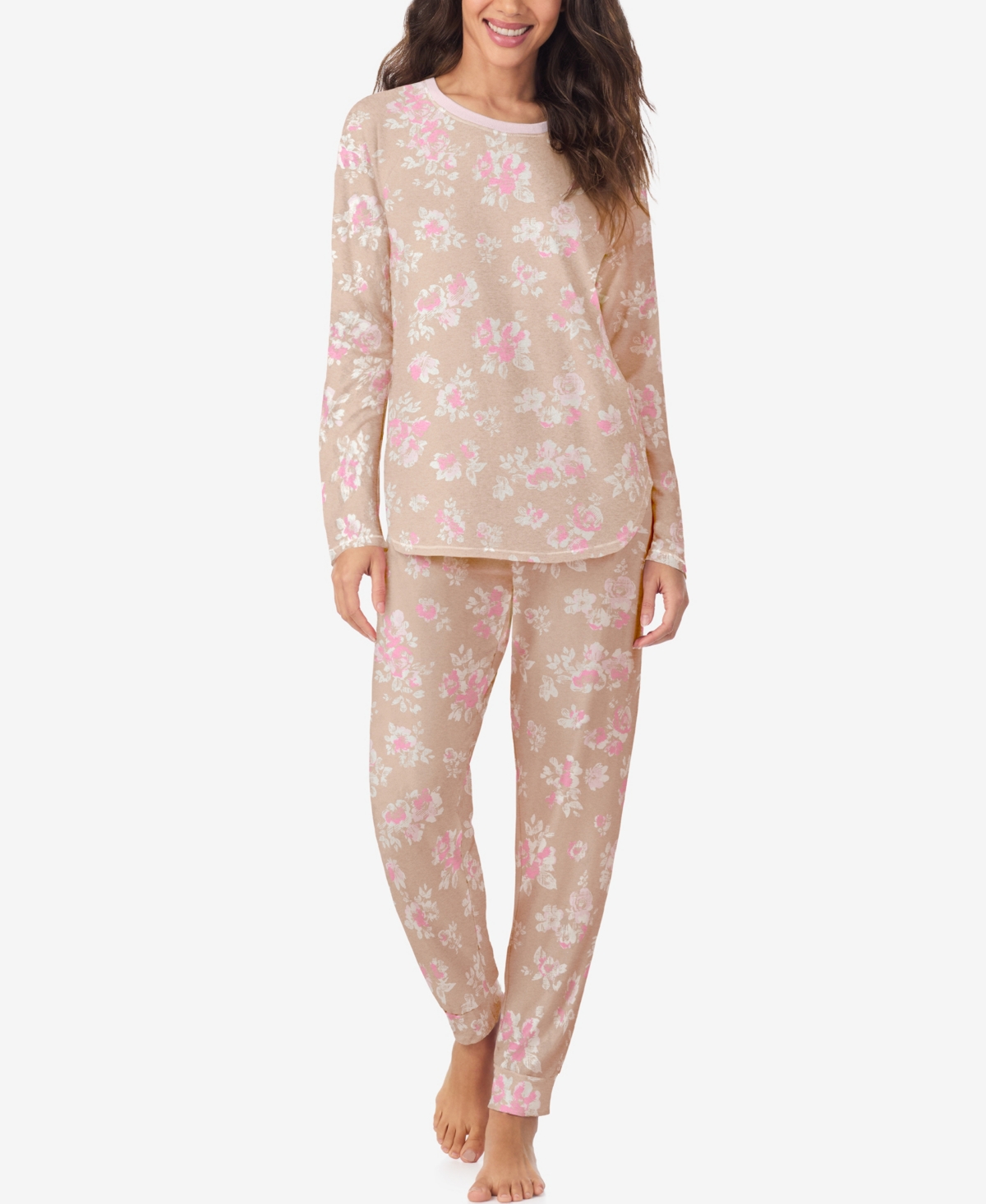 Cuddl Duds Women's Long Sleeve Crewneck Top And Jogger Pajama Set In Pink