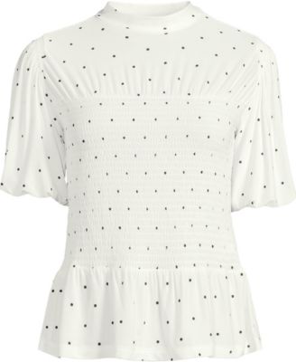 Women's Bubble Sleeve Silky Knit Smocked Mock Neck Top