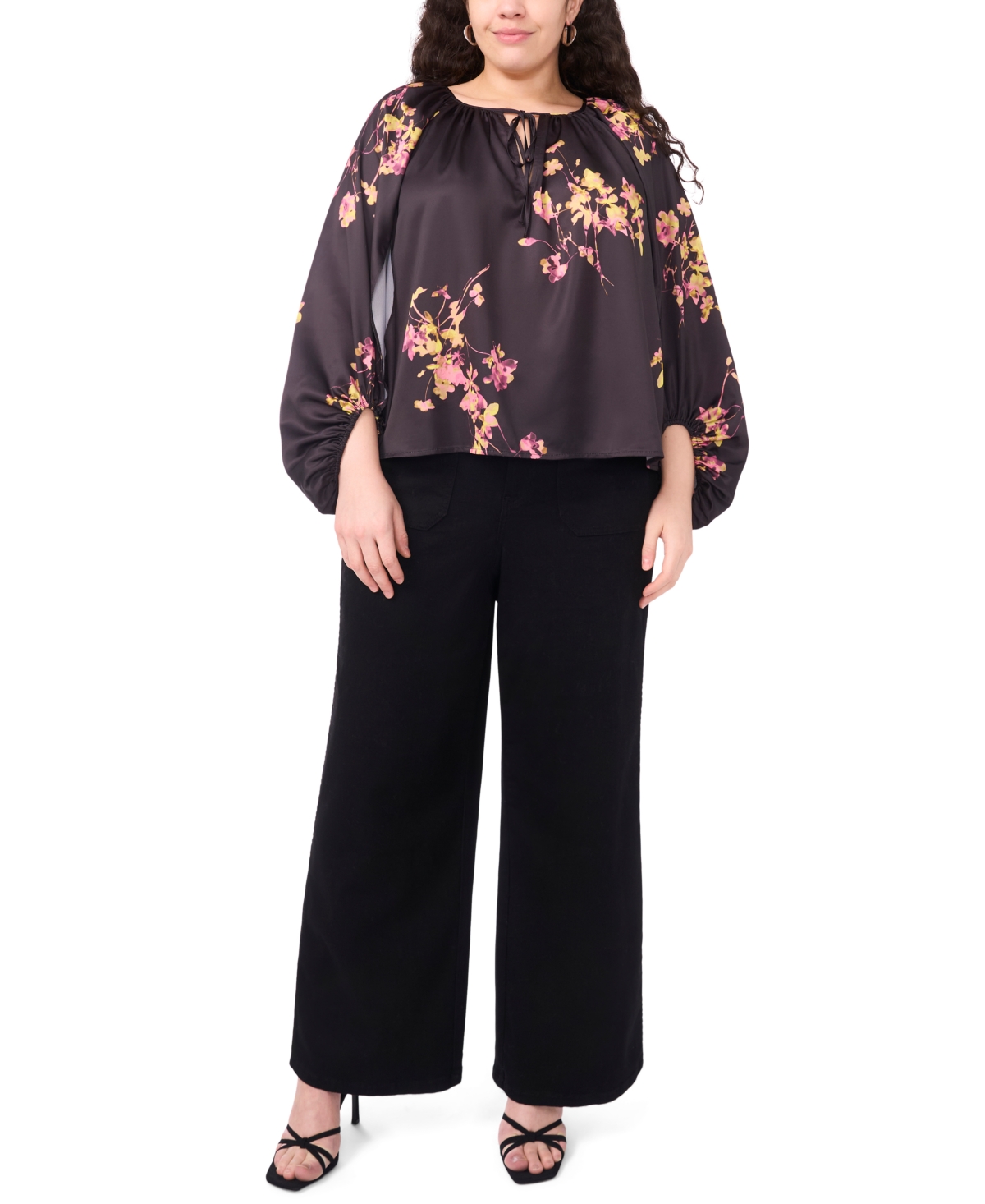Vince Camuto Plus Size Printed Tie Neck Blouse In Purple