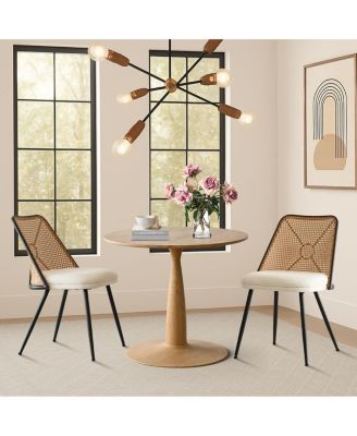 3-Piece 34.5 Inch Round Dining Set with Wood-Look Pedestal Table and 2 Upholstered Rattan Back Chairs with Black Metal Legs-Maison Boucle