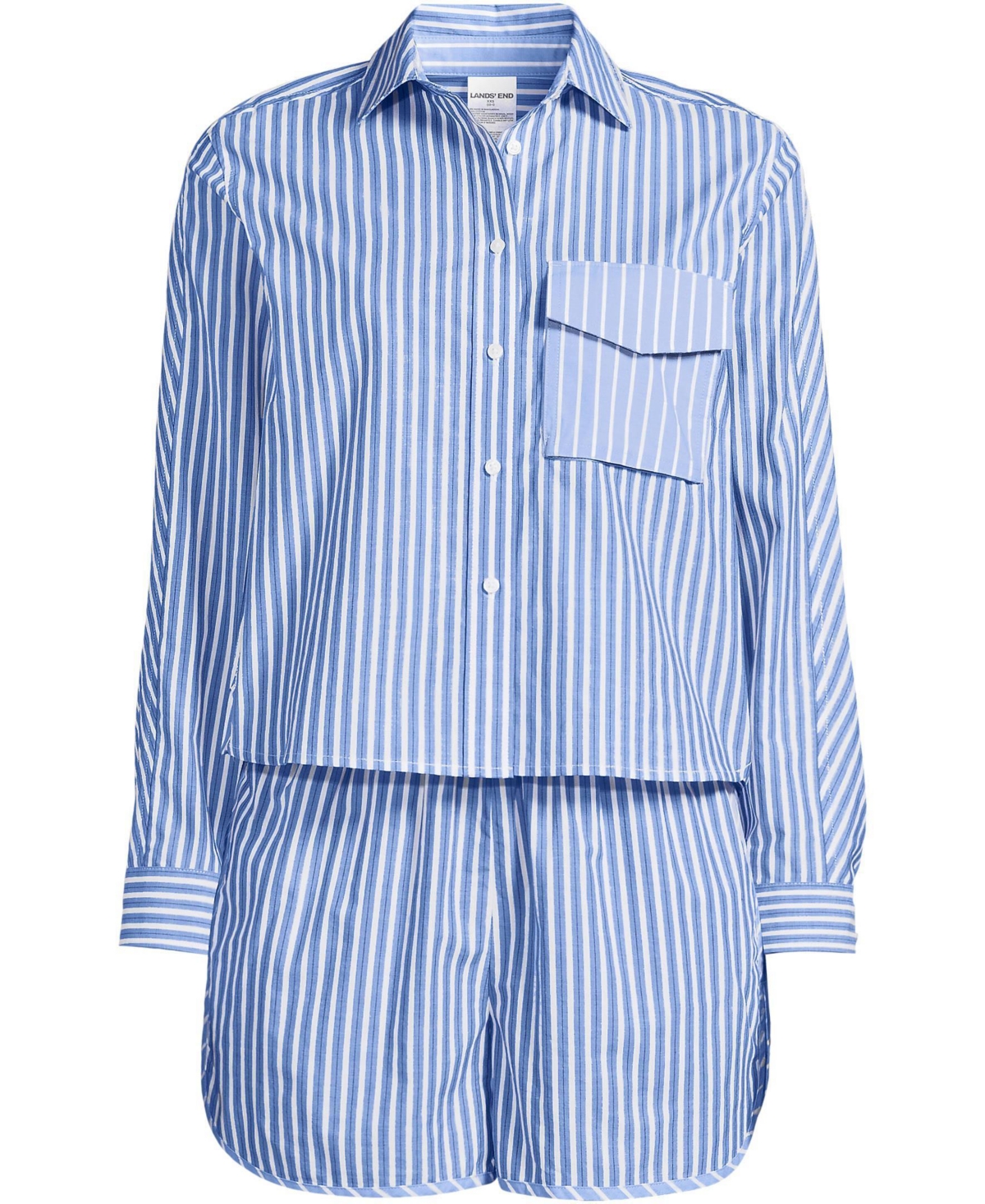 Lands' End Women's Cotton Poplin 2 Piece Pajama Set - Long Sleeve Top and Shorts with Piping