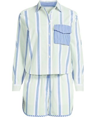 Women's Cotton Poplin 2 Piece Pajama Set - Long Sleeve Top and Shorts with Piping