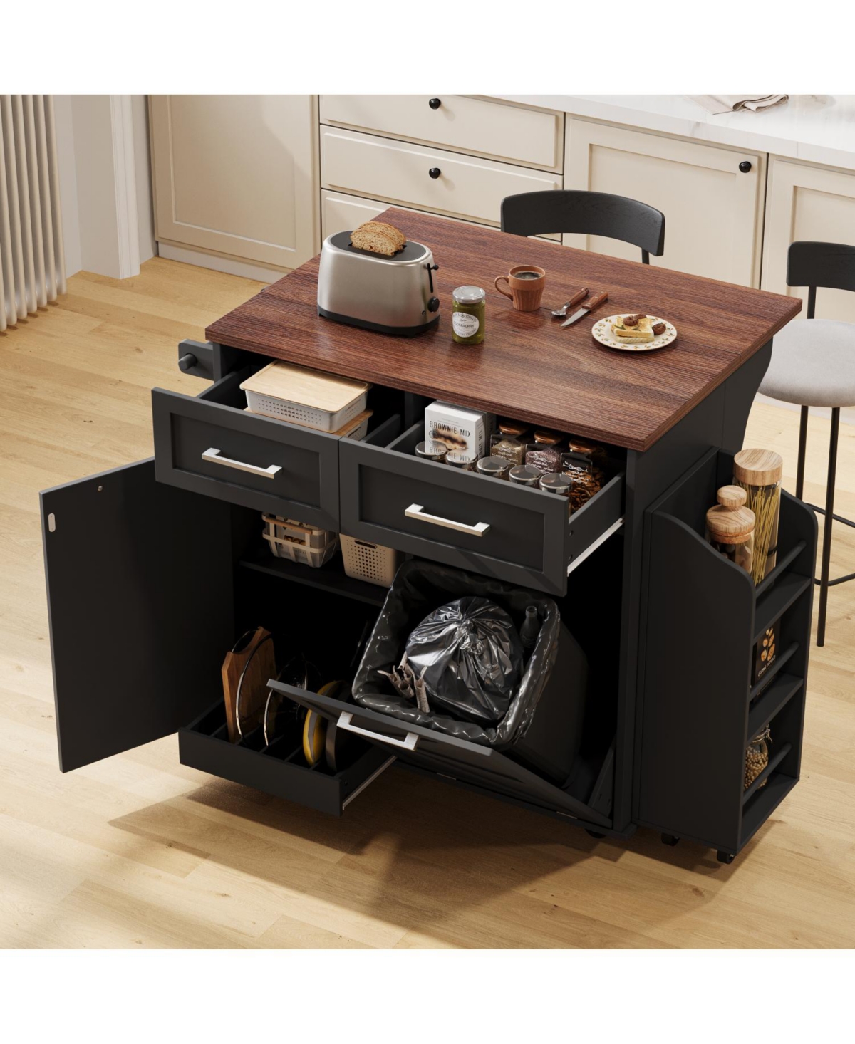 Streamdale 47.2" Farmhouse Kitchen Island with Drop Leaf & Storage, Rolling Cart, Black