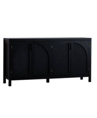 58" Mid-Century MDF & Rattan Magnetic Doors, Adjustable Shelves, Metal Handles Rattan Sideboard Buffet Cabinet