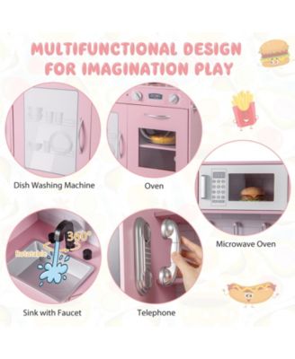 Play Kitchen Toy Set w/ Chalkboard Oven Sink Curtain Microwave Water Dispenser