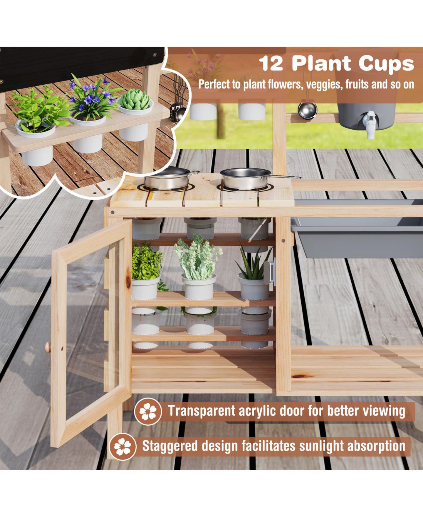 Детские игрушки Gymax Outdoor Wooden Mud Kitchen Playset, 17-Piece Set, Ages 3+, цвет: Натуральный — фото 7