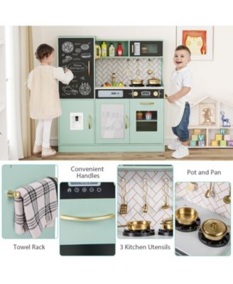 Play Kitchen Toy Set w/ Chalkboard Oven Sink Curtain Microwave Water Dispenser