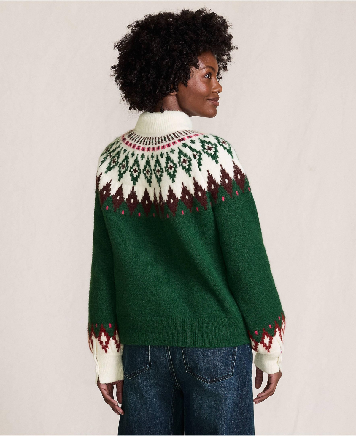 Lands' End Women's Fuzzy Turtleneck Lantern Sleeve Jacquard Sweater