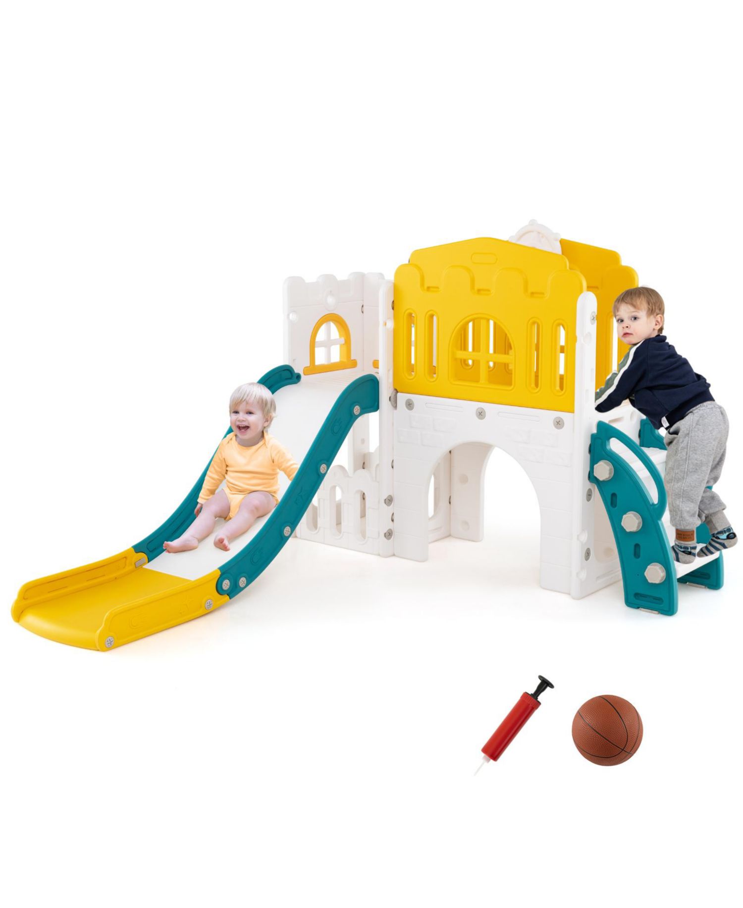 9 in 1 Toddler Slide L Shaped Kids Slide and Climber Playset w/ Basketball Hoop