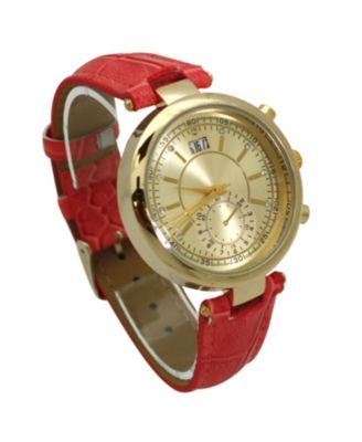 Pink Multicolored Gold Face Leather Strap Watch