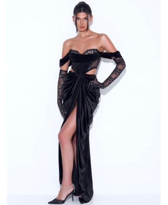 Women's Quintessa Black Lace Velvet Corset Off Shoulder Gown