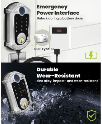 Keyless-Entry Deadbolt Smart Lock with Fingerprint, Keypad, Key Fob, Smartphone Bluetooth Control, Auto-Lock, IP56 Waterproof, Satin Nickel