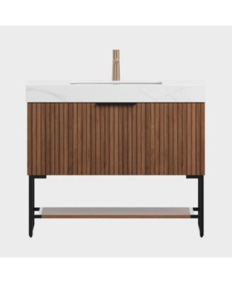  Carrara Stone Top Vanity: Walnut Cabinet, Ceramic Basin