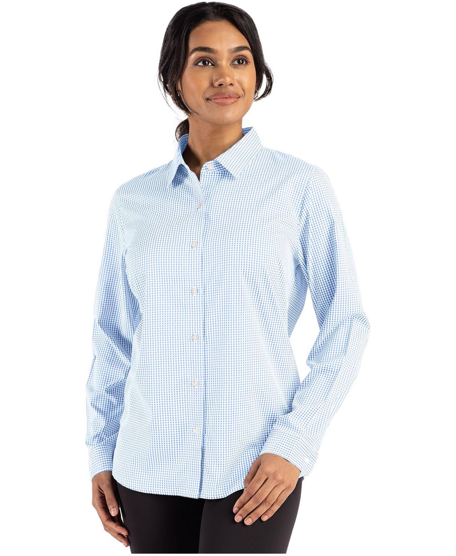 Women's Cutter and Buck Skyline Epic Confidence Recycled Gingham Long Sleeve Dress Shirt