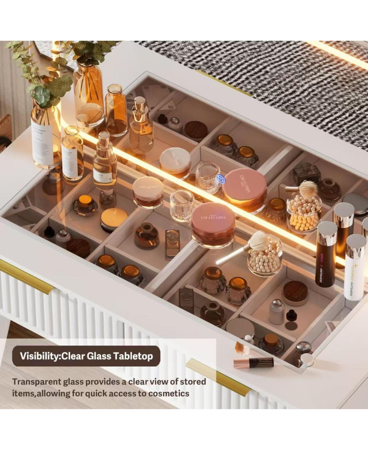 Streamdale Vanity Desk with Mirror & Lights, Glass Top Makeup Table