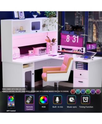 L Shaped Desk with Hutch, Corner Desk Workstation with Charge Station and File Cabinet