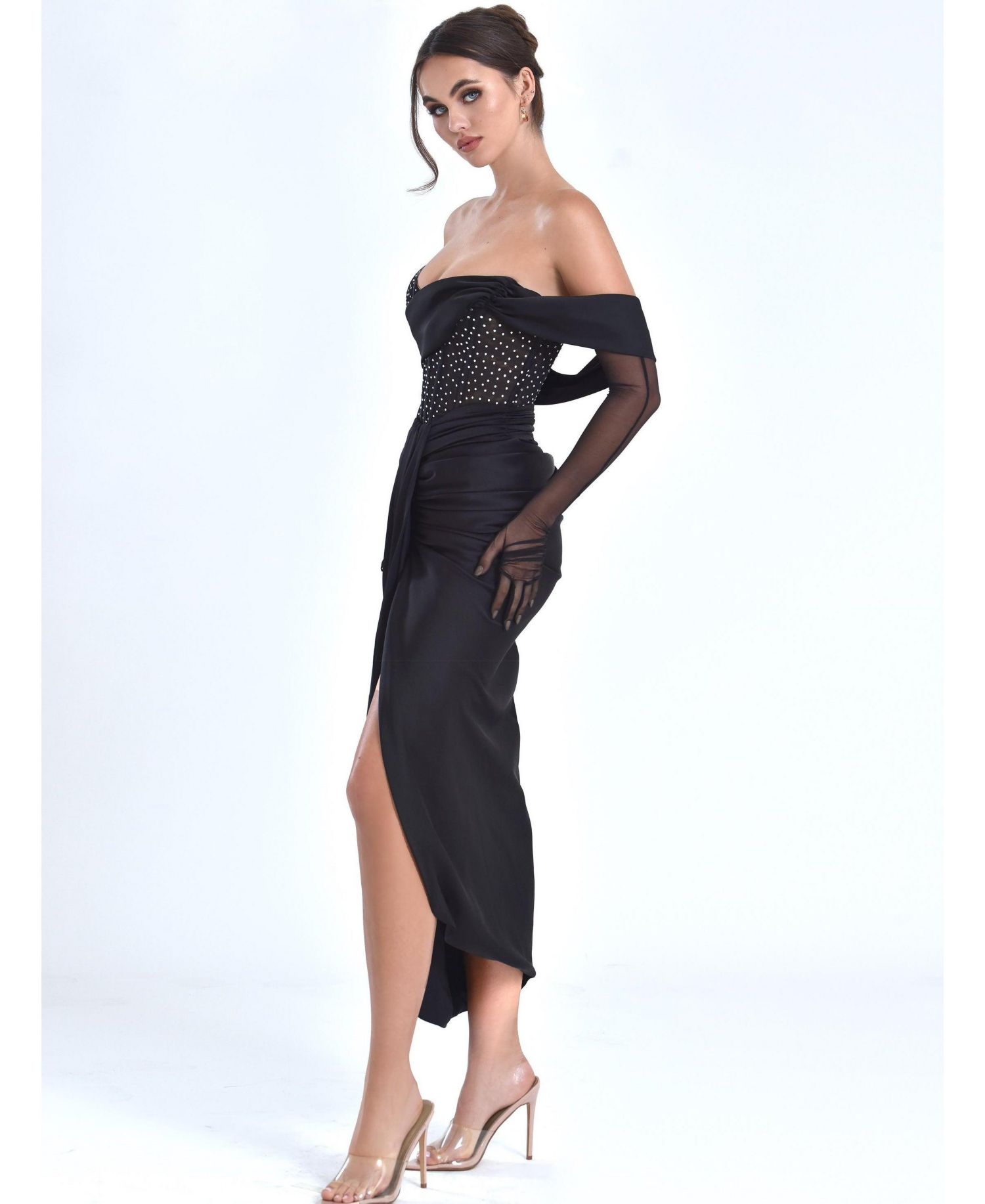 Women's Stella Black Off Shoulder Crystal Corset Satin Gown