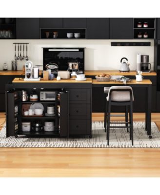 Kitchen Island w/ Extendable Table, 3 Drawers, Outlet, Wheels, Spice Rack - Black