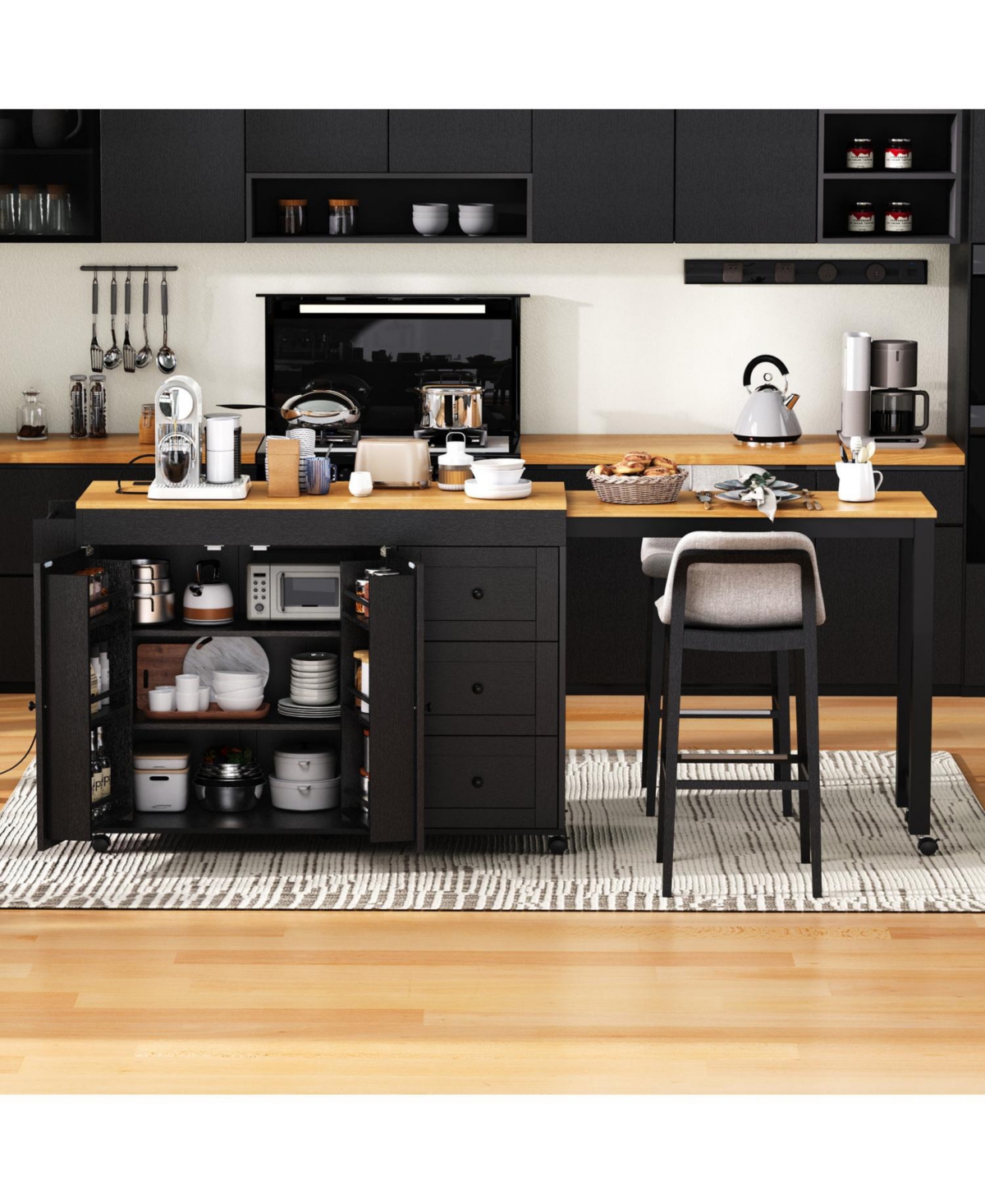 Streamdale Kitchen Island w/ Extendable Table, 3 Drawers, Outlet, Wheels, Spice Rack - Black