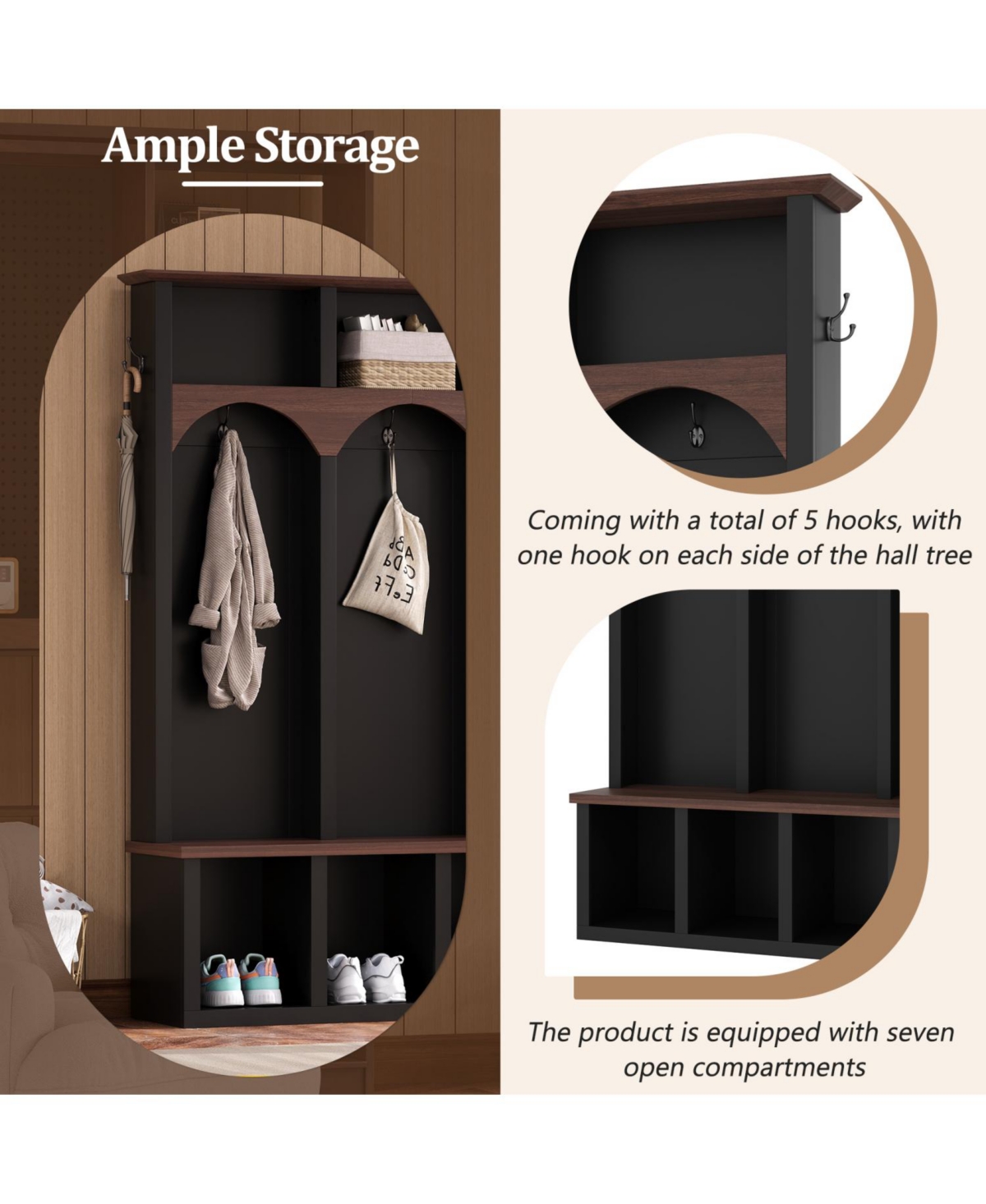 Streamdale Farmhouse Hall Tree Bench Shoe Cabinet - Walnut & Black