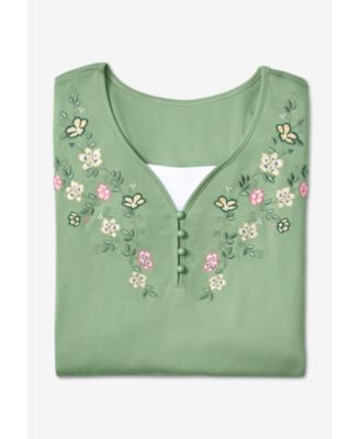 Plus Size 7-Day Layered-Look Embroidered Henley Tunic