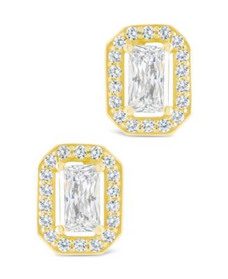Sterling Silver Emerald Cut Brilliant Halo Studs