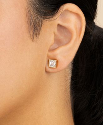 Sterling Silver Princess Cut Bezel Set Stud Earrings