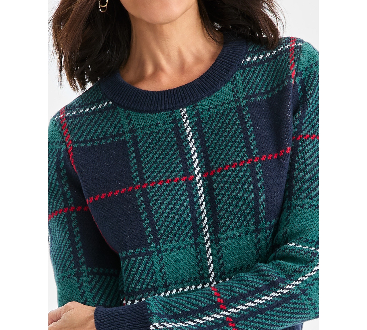 Style & Co Petite Whimsy Checkered Pull-on Sweater, Macy's Exclusive In Green