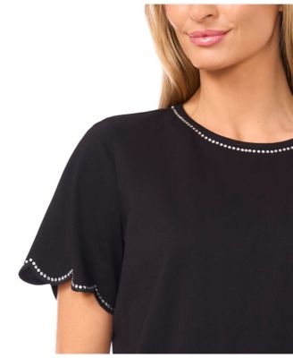 Women's Rhinestone Scalloped Knit Top