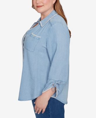 Plus Size Hilton Head Blanket Stitch Trim Button-Front Top