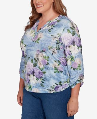 Plus Size Hilton Head Denim Floral Applique Henley Top