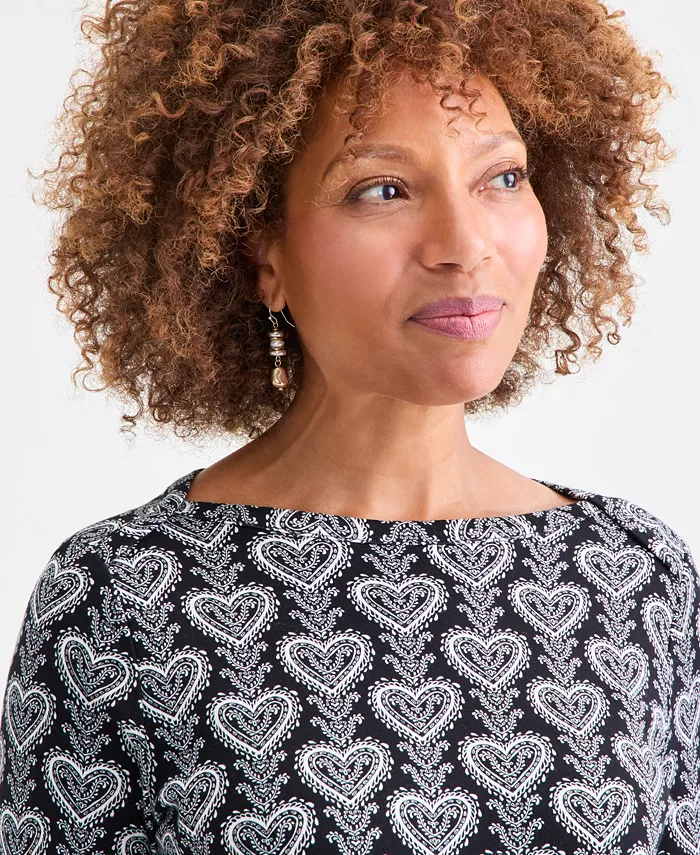 Women's Printed Pima Cotton 3/4 Sleeve Boat-Neck Top - thumbnail 9
