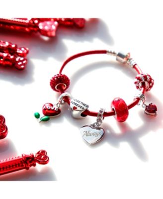 Initials Love Heart Charm Bracelet with  Red Leather and Sterling Silver Clasp