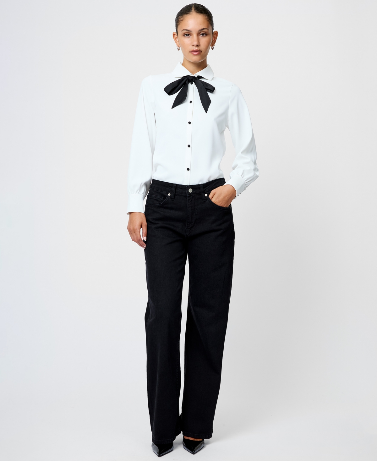 French Connection Quinn Satin Bow Crepe Shirt In White
