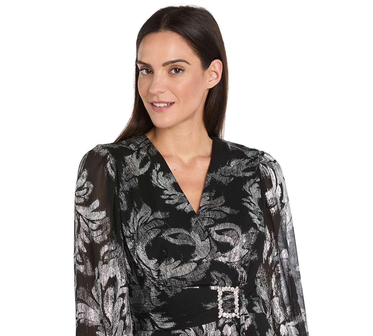 R & M Richards Women's Printed Ruffle Detail Maxi Dress In Black