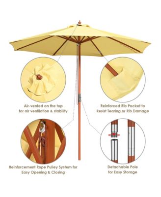 9ft Solid Wood Outdoor Patio Umbrella with Base Included Parasol Wheels Stand for Bistro Market Garden Deck Yard Poolside Yellow