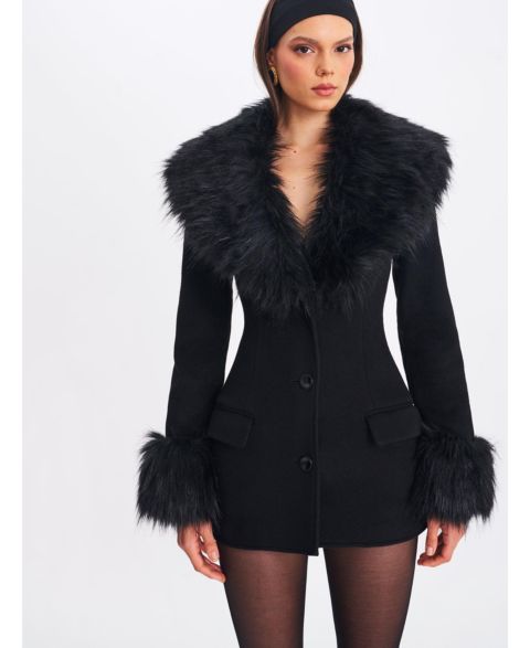 Женские куртки Miss Circle Hailee Black Single Breasted Wool Blend Mini Coat with Removable Fur Lapel