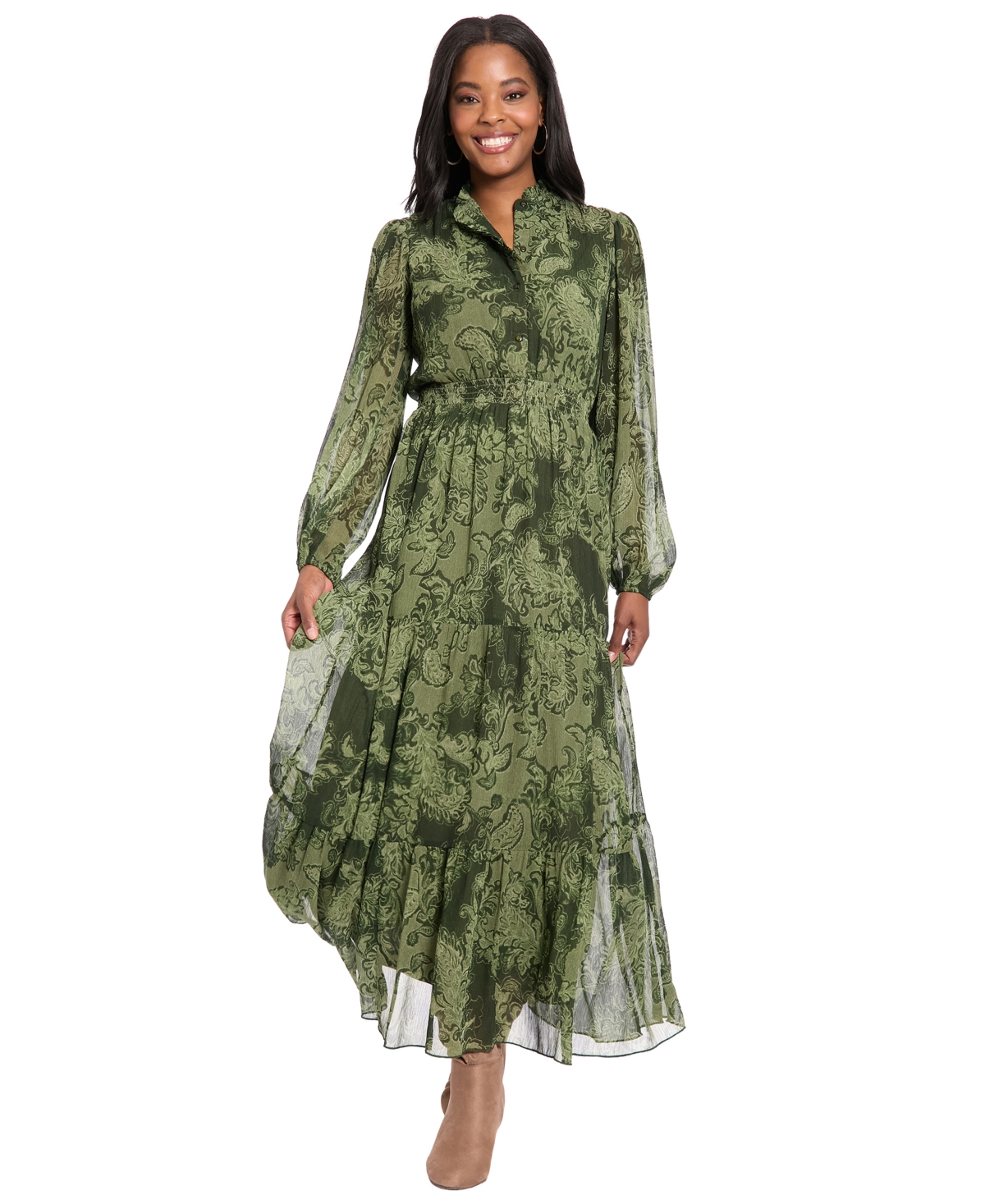 London Times Women's Printed Tiered Mock Neck Maxi Dress